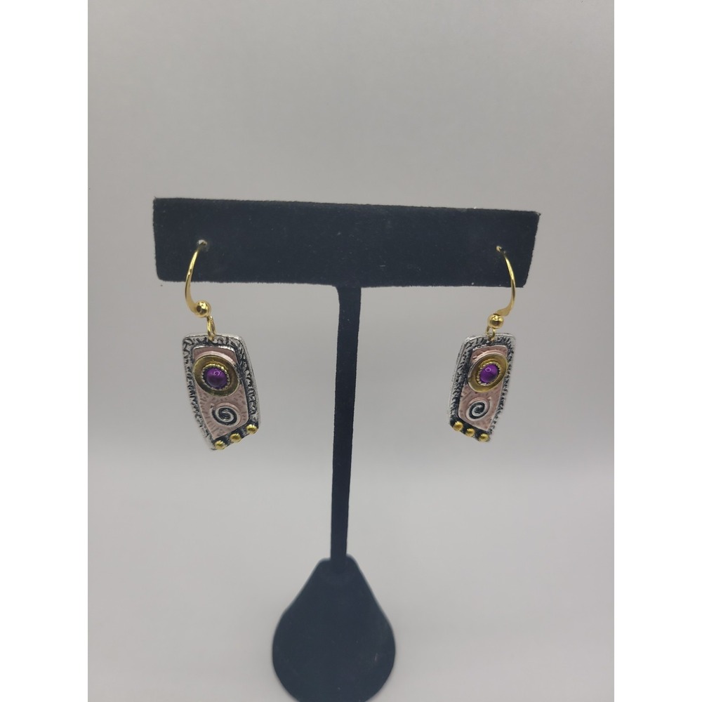 Artisan Mixed Metal Dangle Earrings Purple Crystal Silver Gold Tone Southwestern